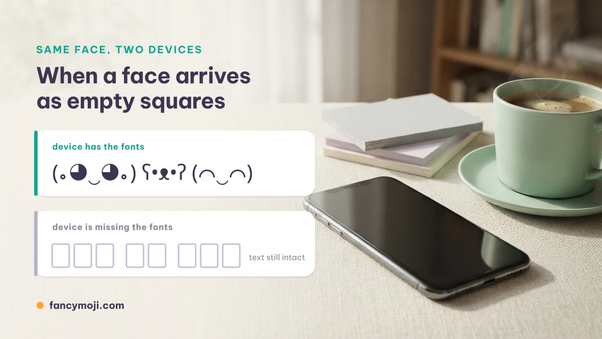 A kaomoji rendering correctly next to the same face shown as empty squares on a device missing the fonts