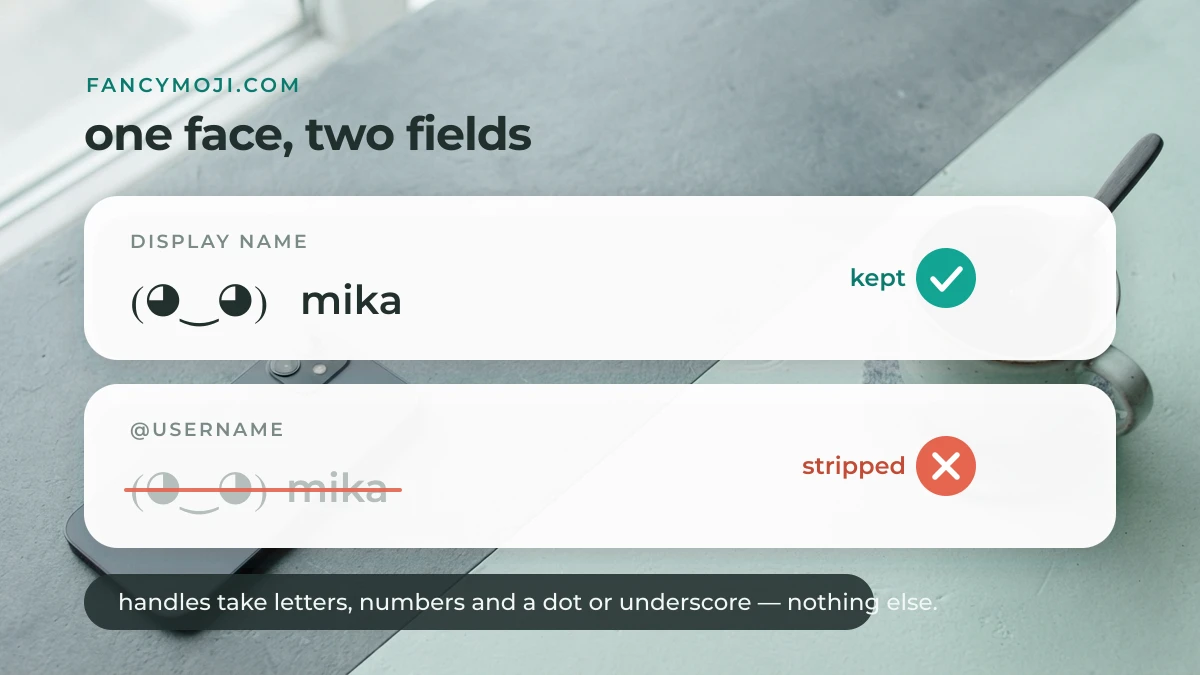 A kaomoji is kept in a display name but stripped from an @username on Discord, Instagram, TikTok and X